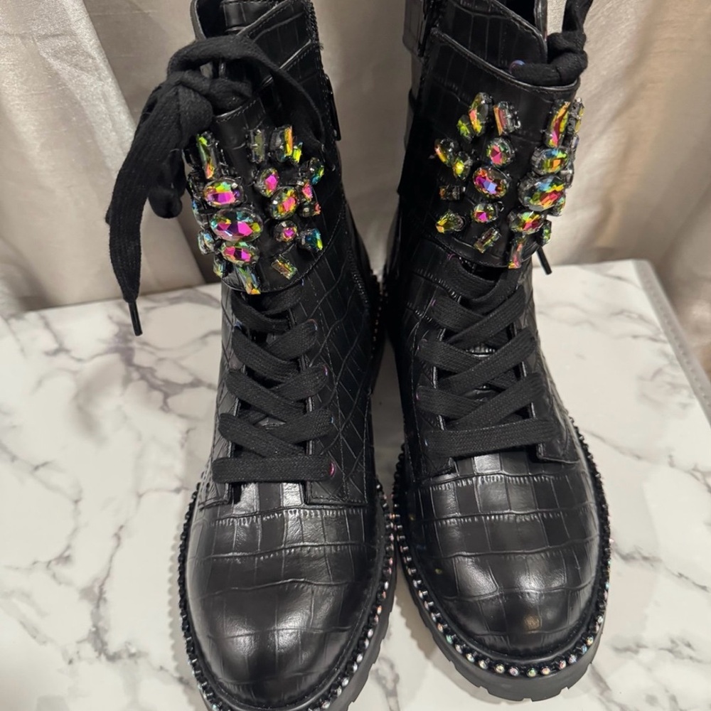 Kurt Geiger Black Combat Boots with Multicolor Embellishments Size 6